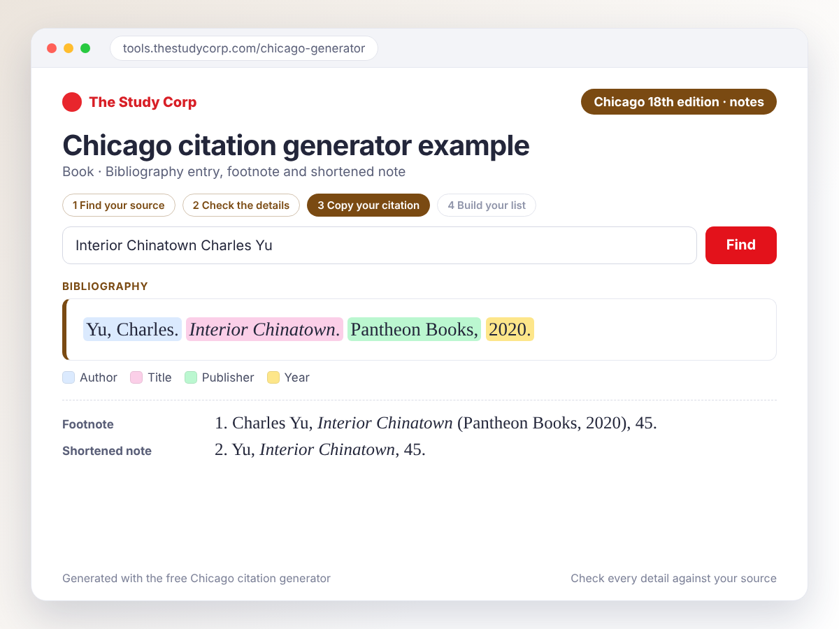 Chicago citation generator example: a Chicago 18th edition bibliography entry for a book with the author, title, publisher and year labeled, plus a full footnote and a shortened note